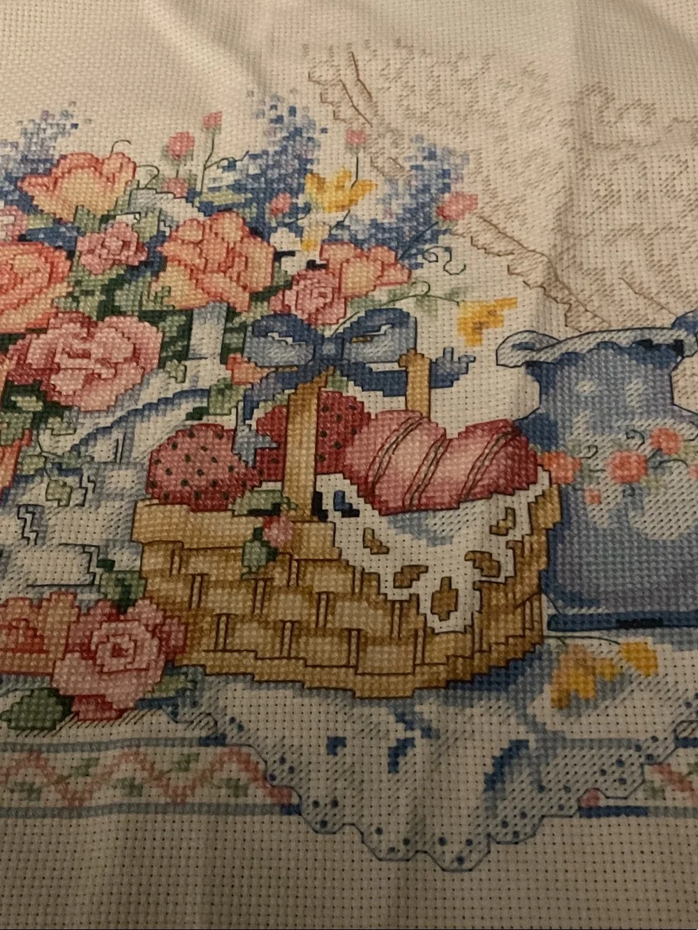 Hand-Embroidered Floral Still Life Cross-Stitch - Pink and Blue